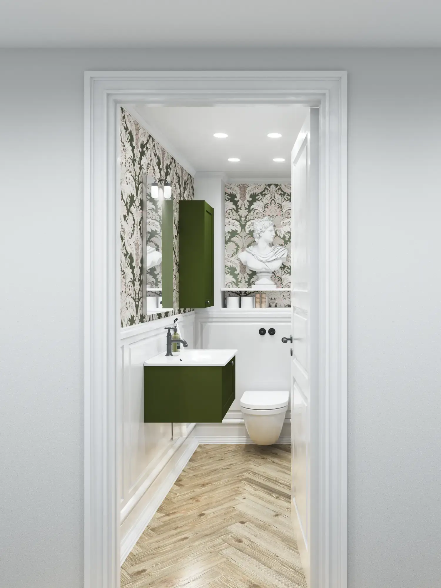 Small bathroom inspiration in a classic style with vanity unit and olive green cabinet, a beautiful square mirror, herringbone floor, and wallpaper provide a luxurious and refined look.