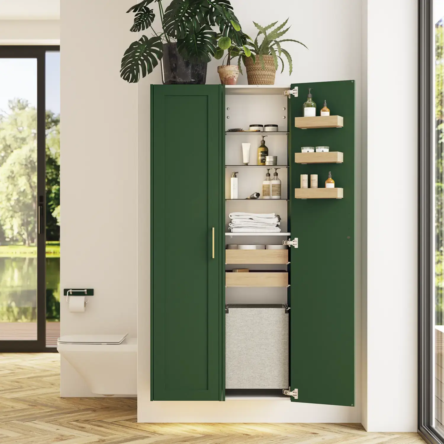 Large bathroom in green colors with vanity unit, brass framed oval mirror and beautiful framed doors