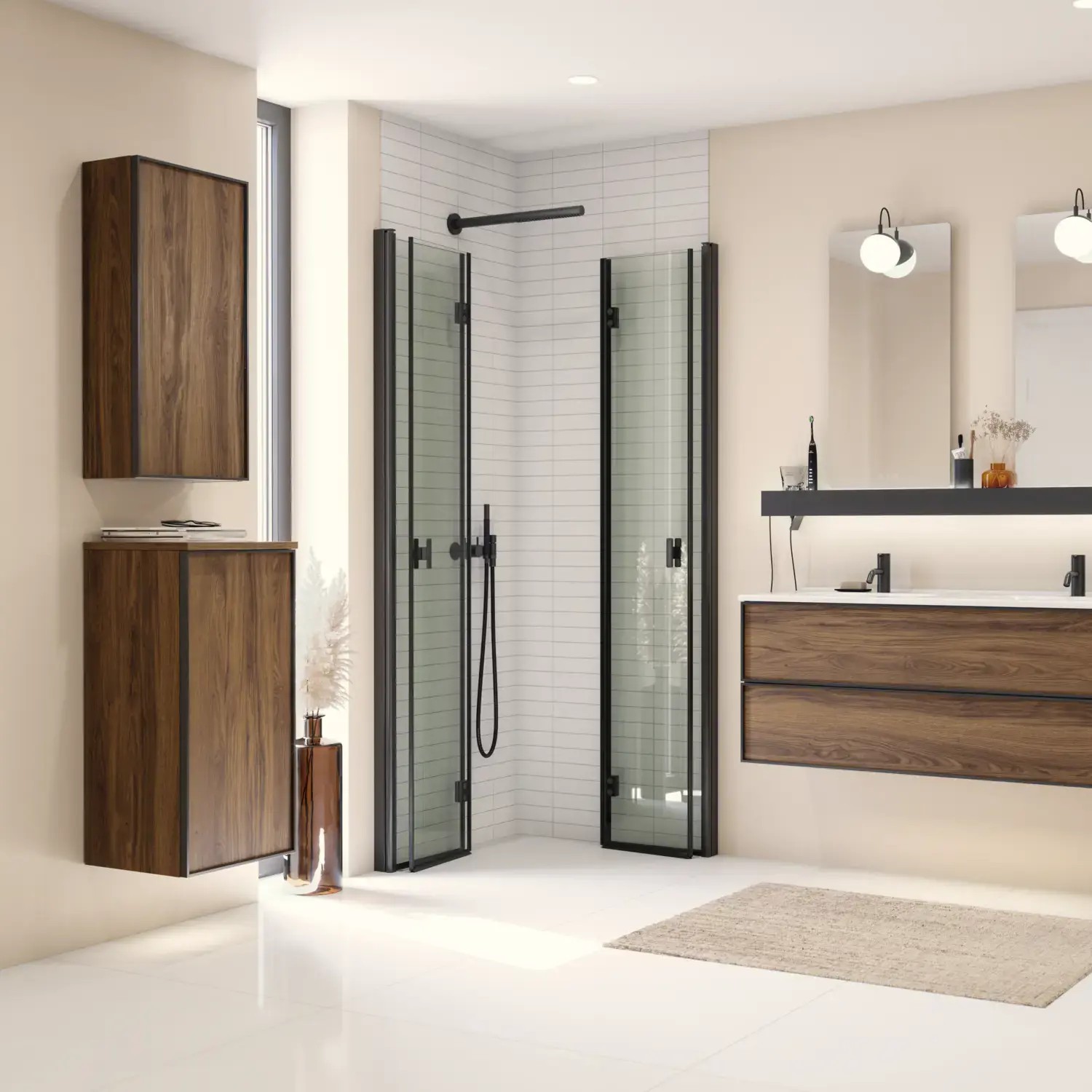 Large bathroom inspiration with brown oak furniture, black frame fronts, double sink, black shelf, rounded mirrors, black corner shower with folding doors, white tiles, and beige walls for a modern look