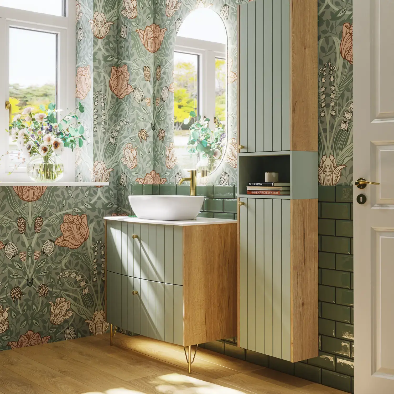 Bathroom inspiration with green special color bathroom furniture with natural oak sides, elegant grooves, stylish countertop with romantic oval countertop sink, beautiful oval mirror, combined with floral wallpaper gives a graceful, vintage retro look.