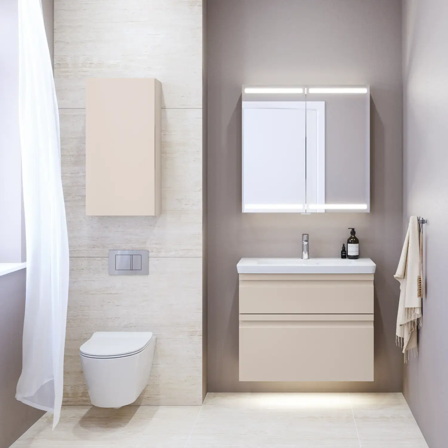 Small bathroom inspiration with a vanity unit and cabinet above the toilet in a beige custom color, elegant mirror cabinet with integrated lighting, the light colors and white curtain create a romantic and feminine atmosphere.