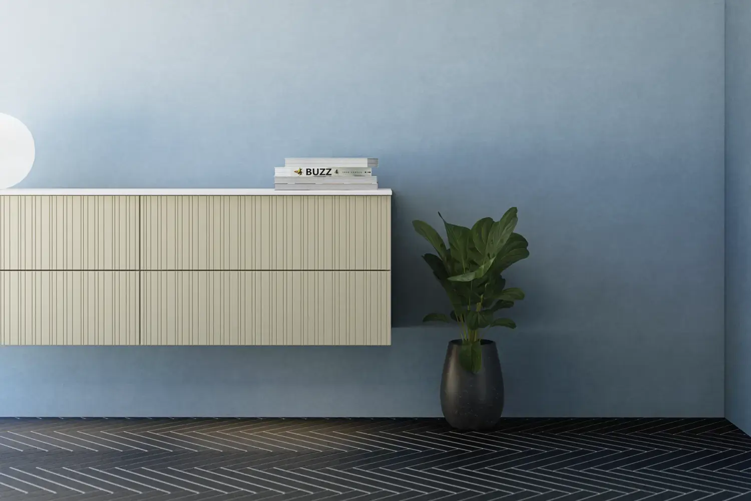 Bathroom with slanted ceiling inspiration, beige furniture with grooves, elegant countertop and square sink, beautiful mirror with shelves, blue walls, large windows, and black herringbone floor give a bright, urban look.