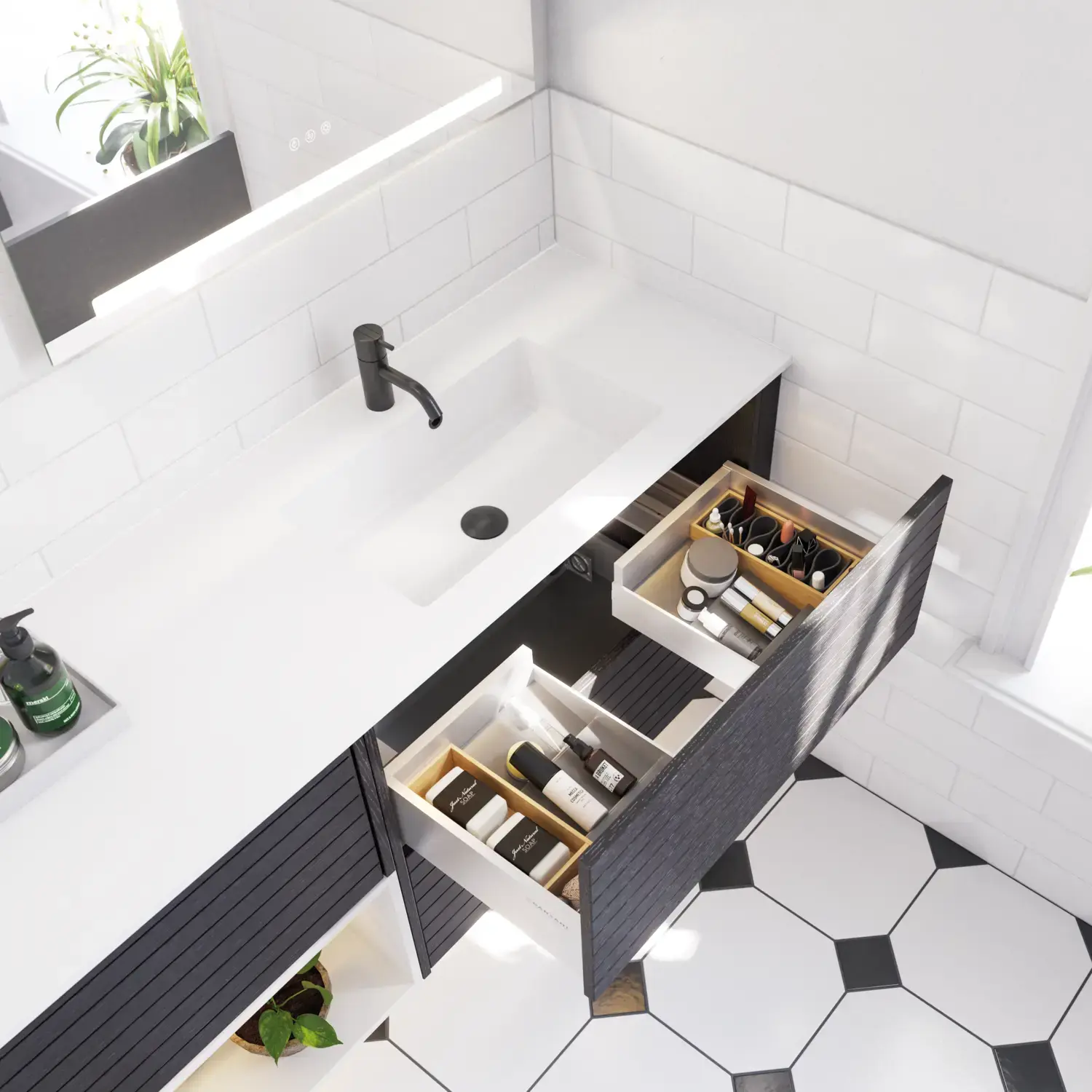 Large bathroom inspiration with noir oak bathroom furniture with elegant grooves, stylish double sink, square mirrors, white tiles with a geometric pattern give a bright, symmetrical, and classic look.