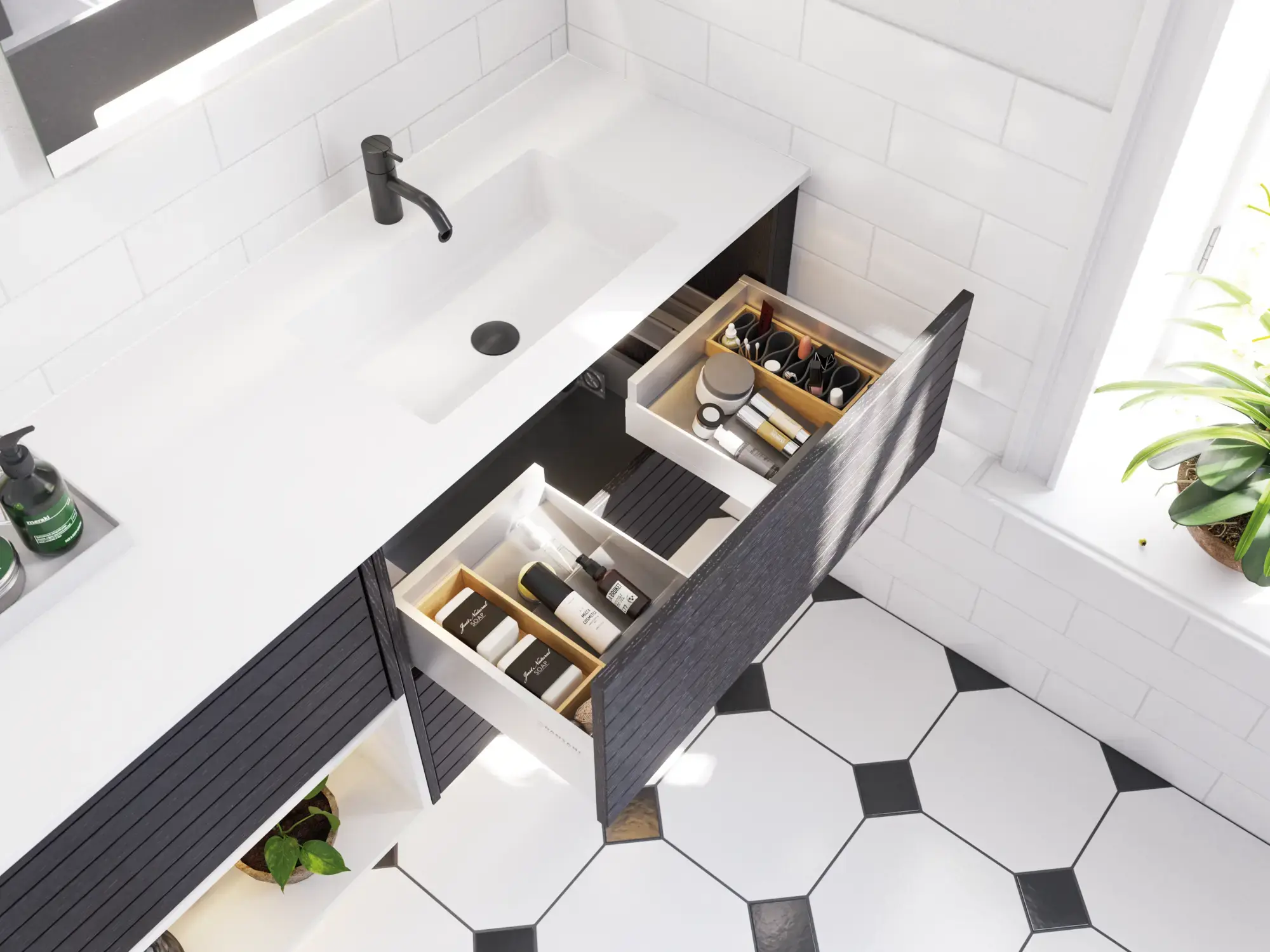 Large bathroom inspiration with noir oak bathroom furniture with elegant grooves, stylish double sink, square mirrors, white tiles with a geometric pattern give a bright, symmetrical, and classic look.