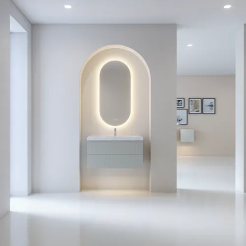 Stylish and modern bathroom inspiration with oval mirrors with light control, stone sinks, and vanity units with fine and elegant grooves in a minimalist design, the bathroom has a light and airy atmosphere with elegant lighting and refined details