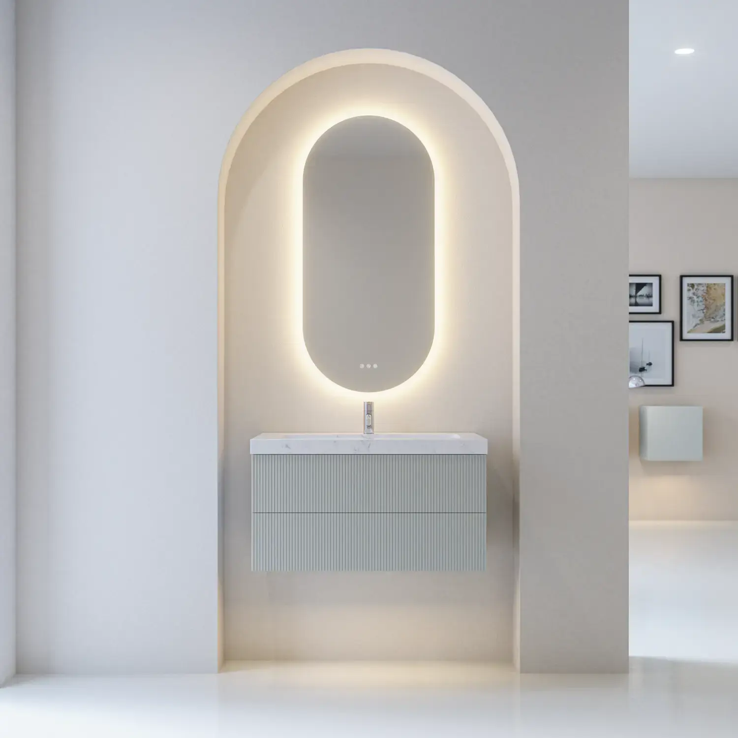 Stylish and modern bathroom inspiration with oval mirrors with light control, stone sinks, and vanity units with fine and elegant grooves in a minimalist design, the bathroom has a light and airy atmosphere with elegant lighting and refined details
