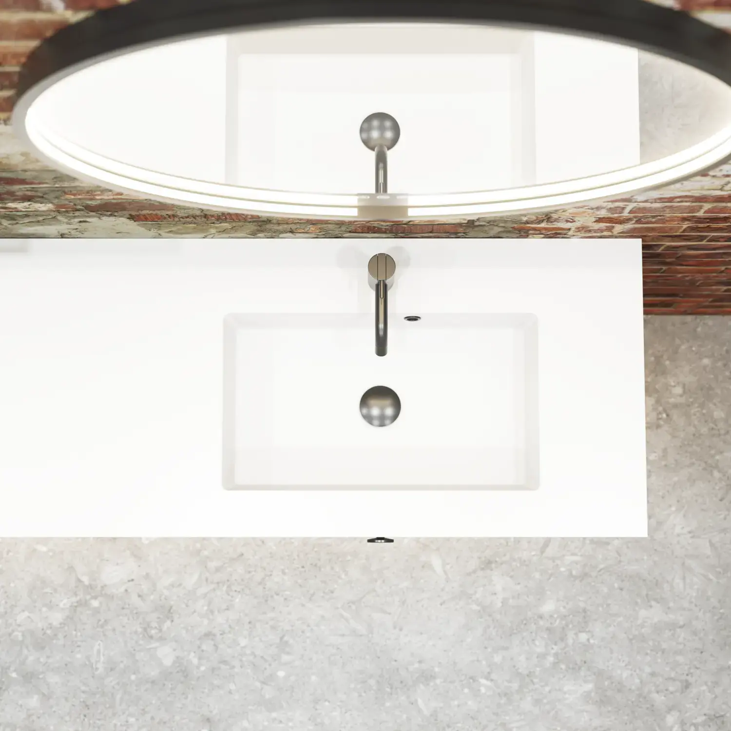 Raw and modern bathroom in an urban style. Beautiful vanity units and black framed round mirrors