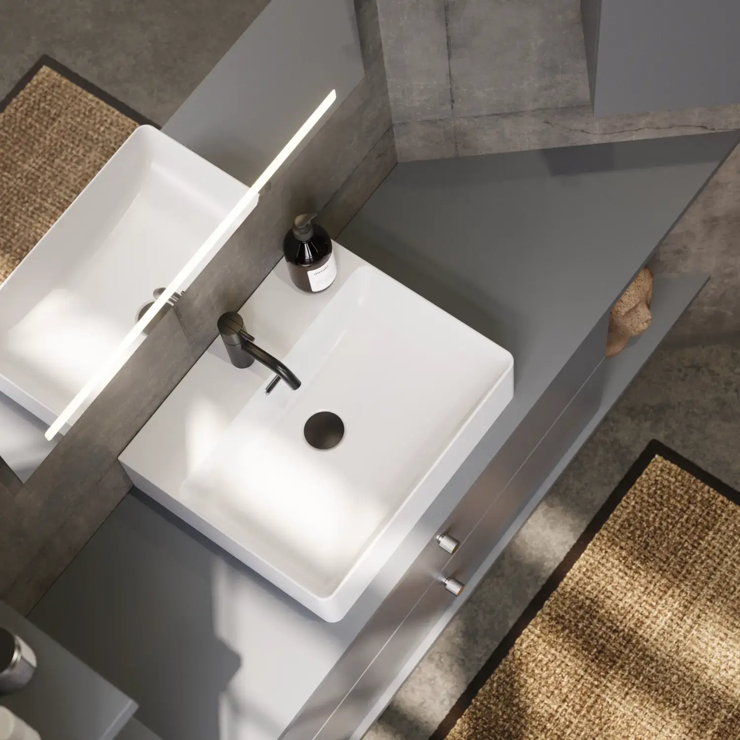 Bathroom inspiration with sloped walls inspiration, grey vanity unit and upper cabinet, custom-made countertops, modern square countertop basin, square mirror with lights, raw concrete walls and floors create an urban look