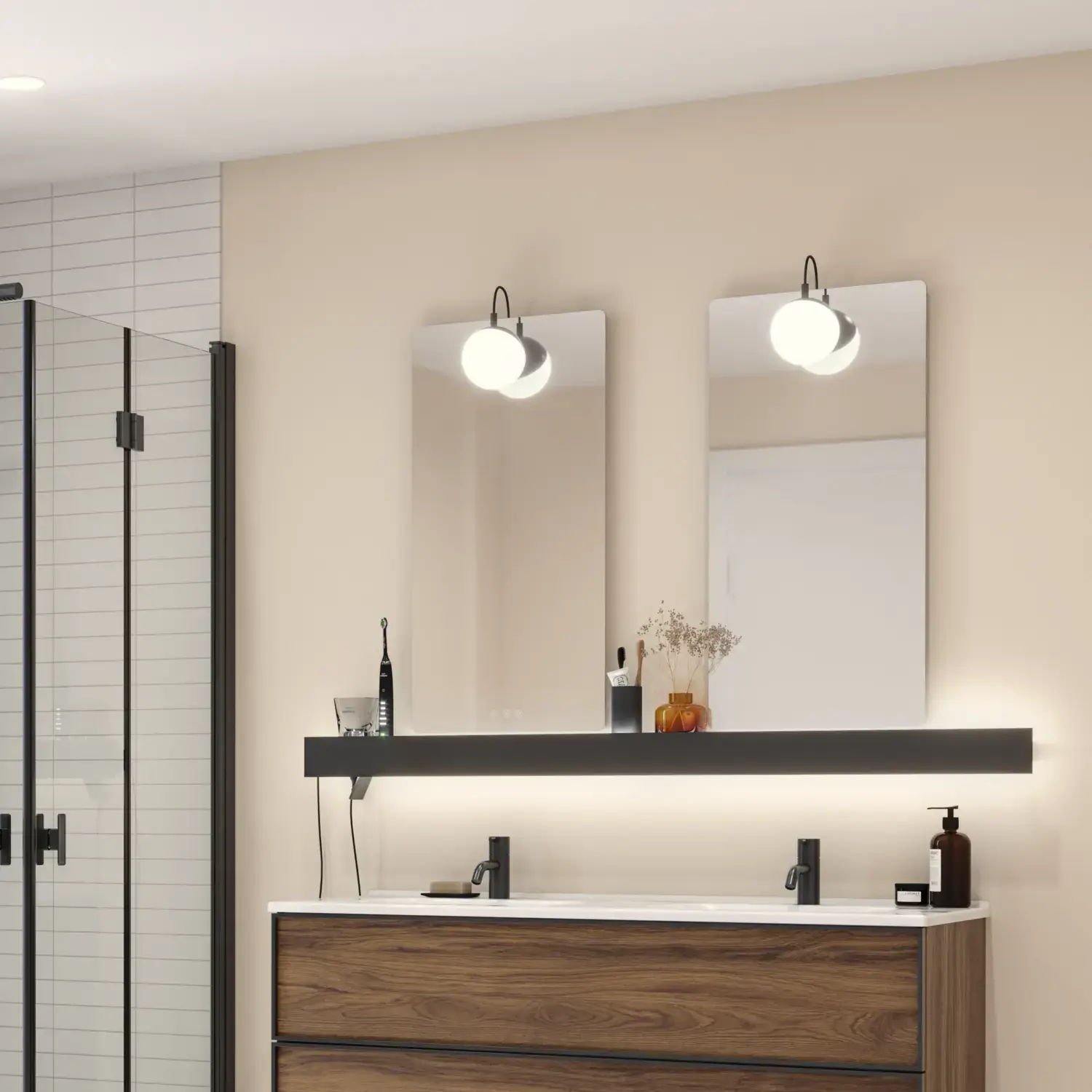 Large bathroom inspiration with brown oak furniture, black frame fronts, double sink, black shelf, rounded mirrors, black corner shower with folding doors, white tiles, and beige walls for a modern look