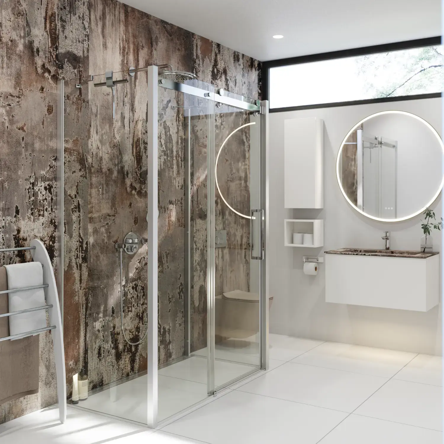 Bathroom inspiration with luxurious shower cubicle with sliding door, white bathroom furniture and a raw-look wall that gives the bathroom a raw and urban feel