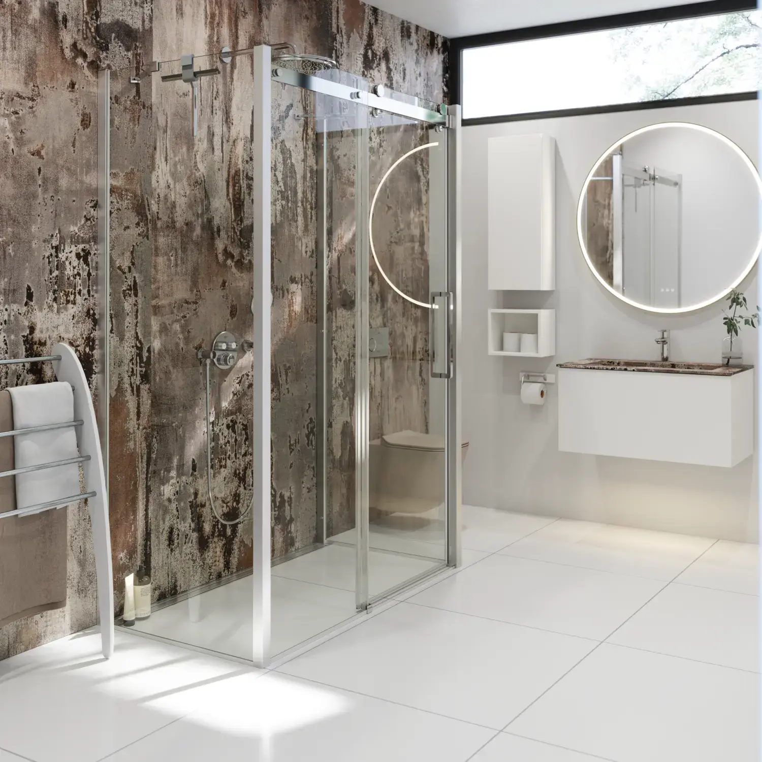 Bathroom inspiration with luxurious shower cubicle with sliding door, white bathroom furniture and a raw-look wall that gives the bathroom a raw and urban feel