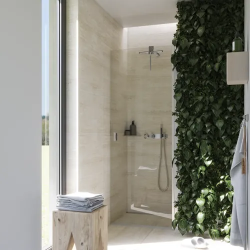 Bathroom inspiration with a shower niche with a swing door in clear glass and with profiles in satin, delicious accessories that complete the expression in the bathroom