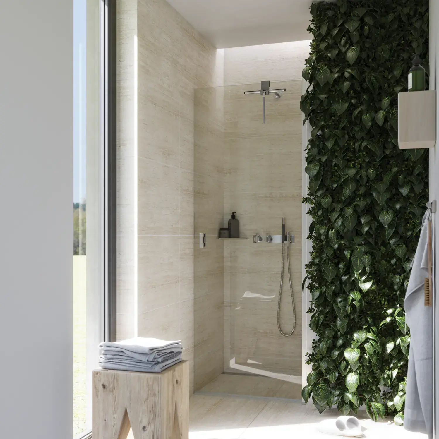 Bathroom inspiration with a shower niche with a swing door in clear glass and with profiles in satin, delicious accessories that complete the expression in the bathroom