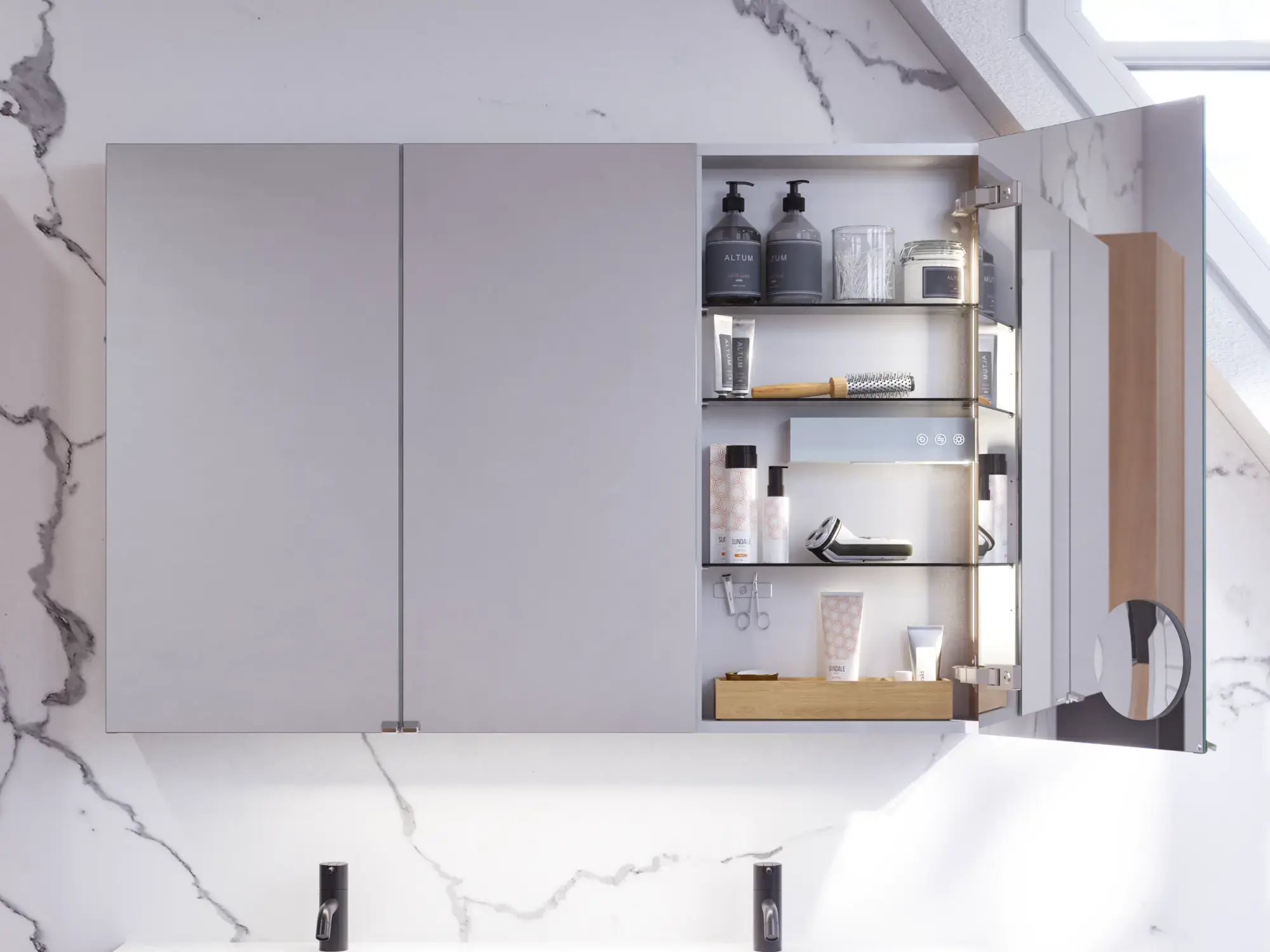 Bathroom inspiration with washbasin cabinets and wall cabinets in light oak with grooves, elegant double sink, beautiful mirror cabinet with light, herringbone floor in light wood, and white marble wall give a classic, bright, and sleek look.