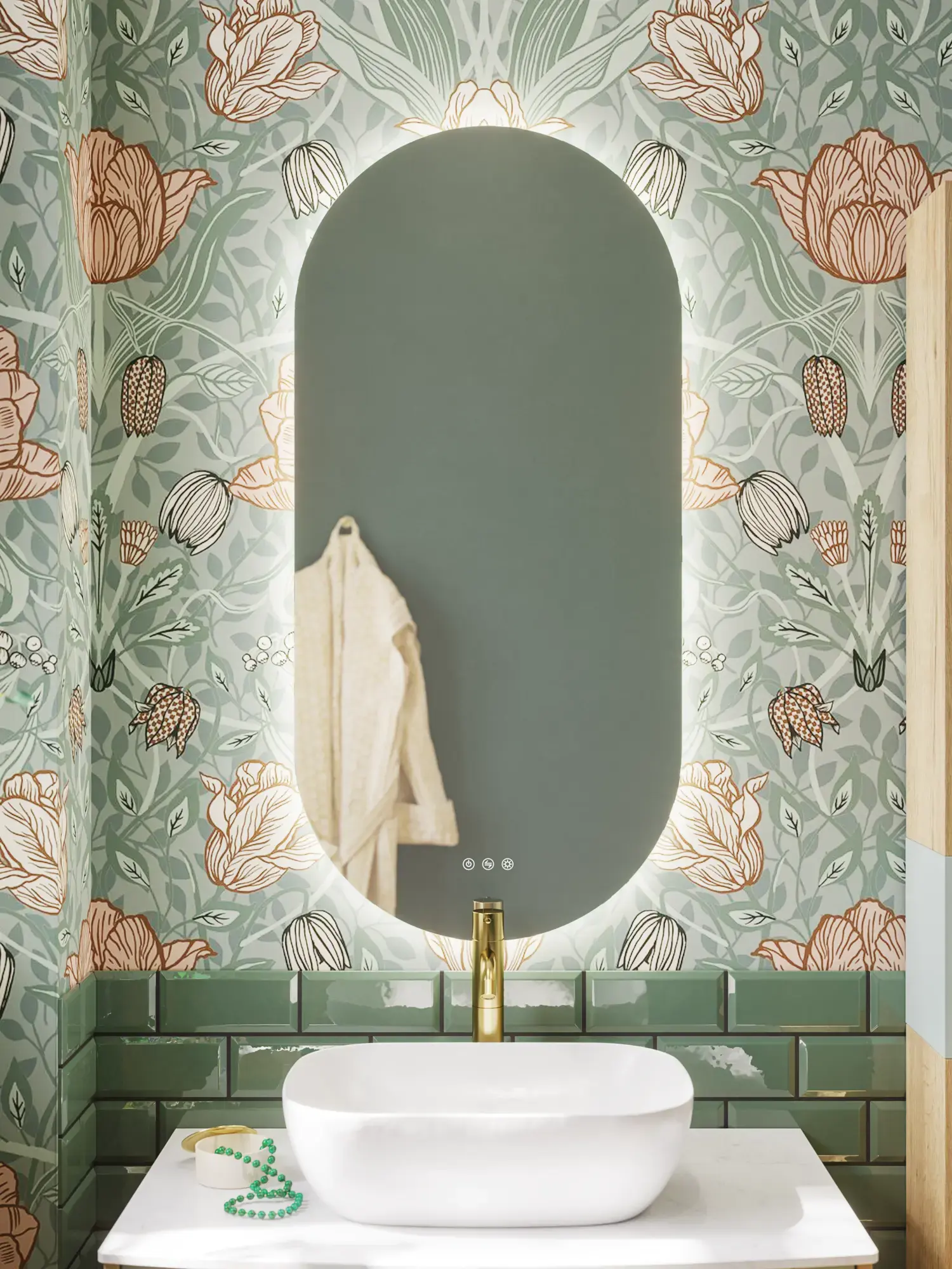 Bathroom inspiration with green special color bathroom furniture with natural oak sides, elegant grooves, stylish countertop with romantic oval countertop sink, beautiful oval mirror, combined with floral wallpaper gives a graceful, vintage retro look.