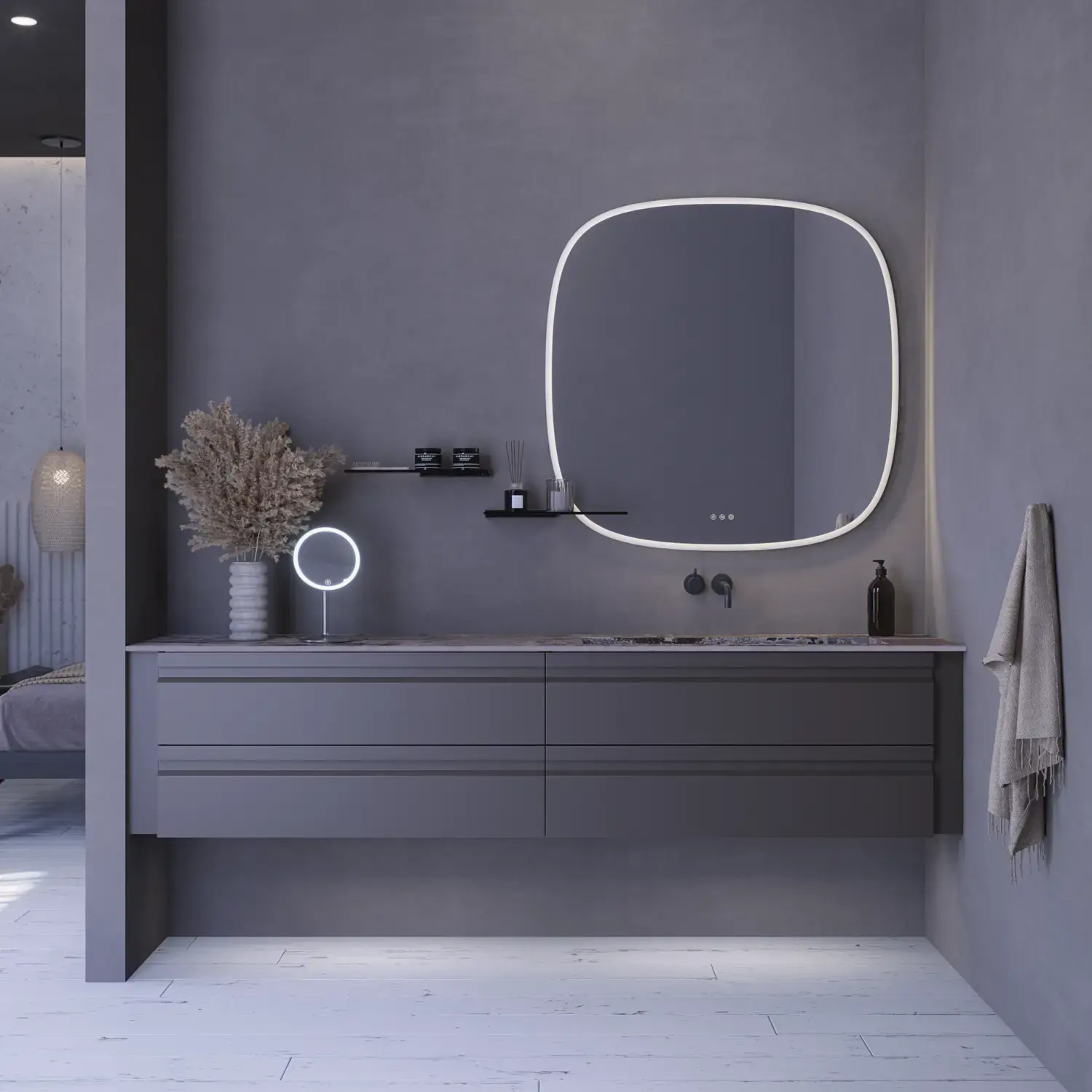 Large bathroom inspiration with grey vanity unit with integrated handle, stylish side-mounted sink, square mirror with rounded corners, concrete-look walls and raw materials for an urban look