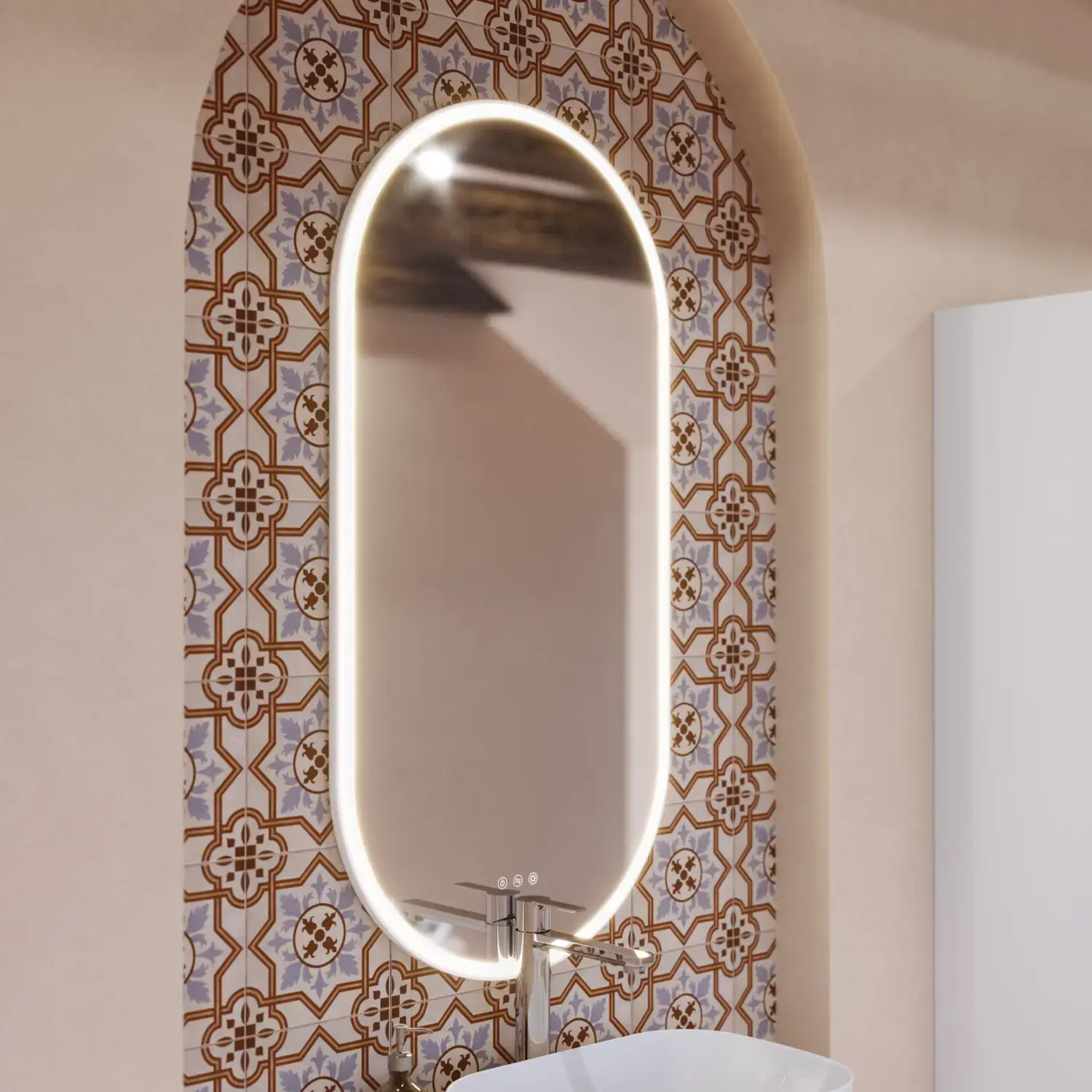 Large bathroom inspiration with white ribbed furniture, elegant countertops and countertop basins, oval mirrors with lights, exposed beams and patterned tiles create a vintage and stylish look