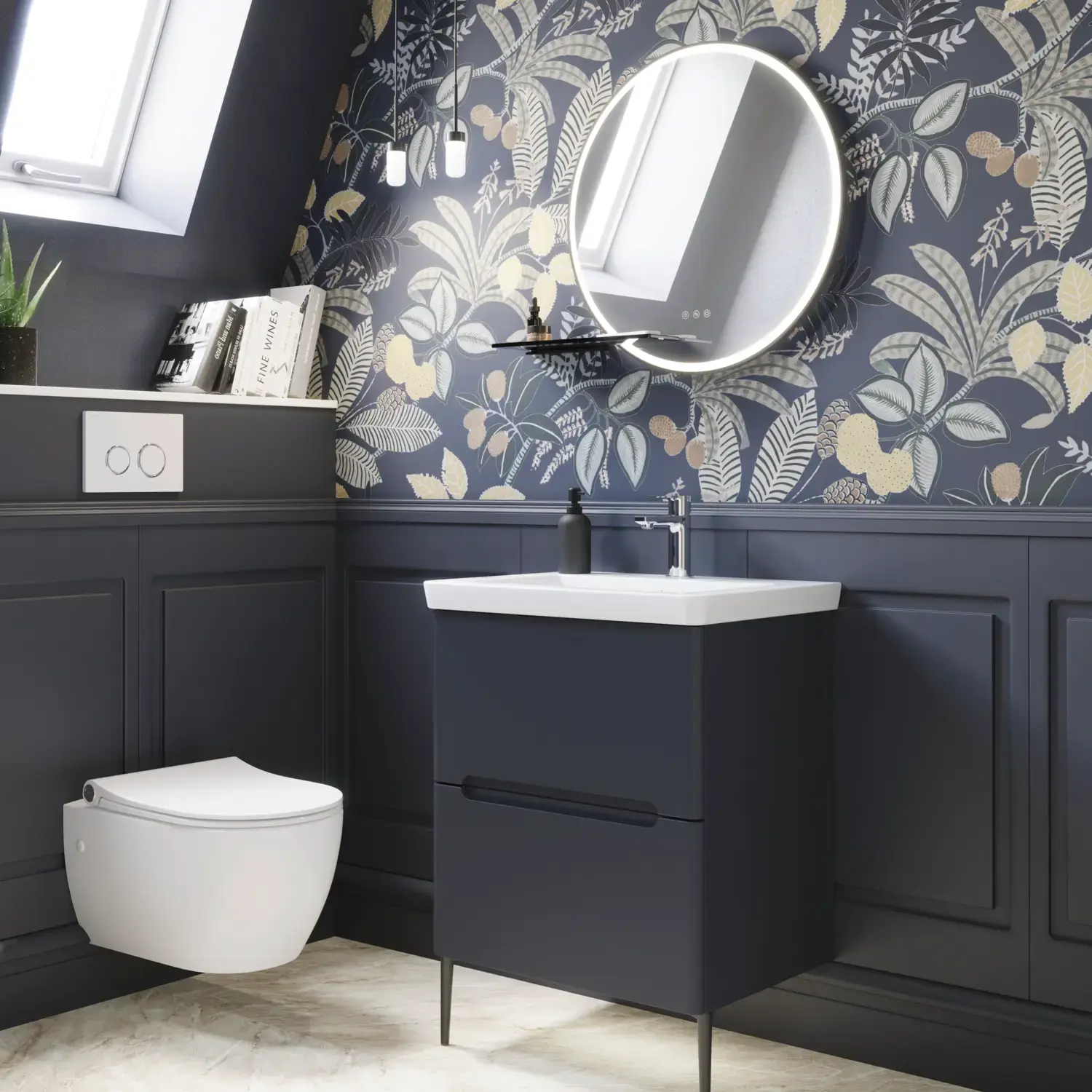 Bathroom inspiration with dark blue wall panels, romantic floral wallpaper, dark blue vanity with soft curves, and a beautiful round mirror with light, creating a vintage look