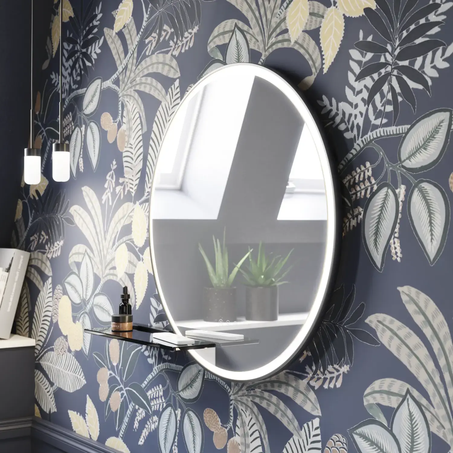 Bathroom inspiration with dark blue wall panels, romantic floral wallpaper, dark blue vanity with soft curves, and a beautiful round mirror with light, creating a vintage look