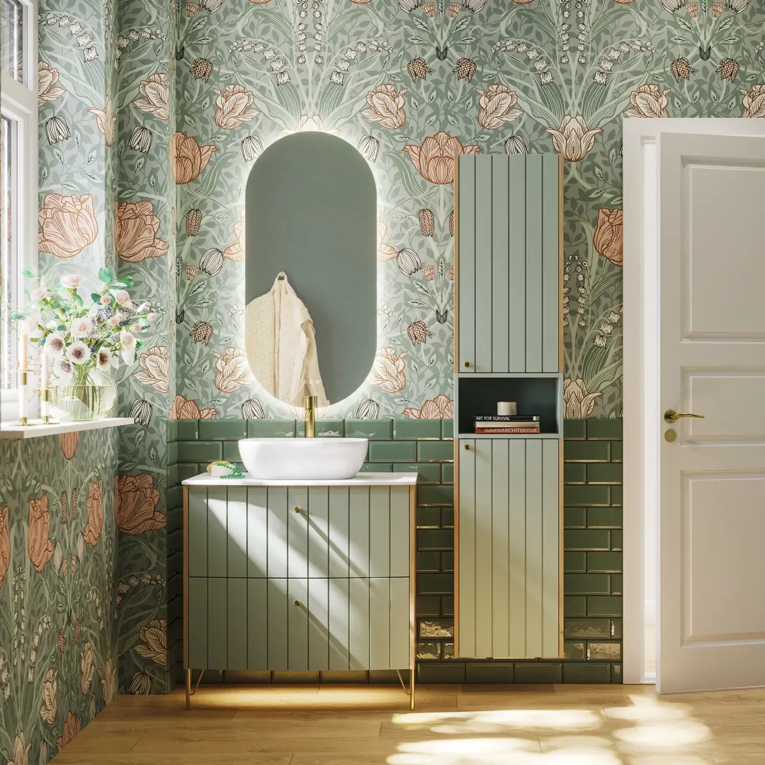 Bathroom inspiration with green special color bathroom furniture with natural oak sides, elegant grooves, stylish countertop with romantic oval countertop sink, beautiful oval mirror, combined with floral wallpaper gives a graceful, vintage retro look.
