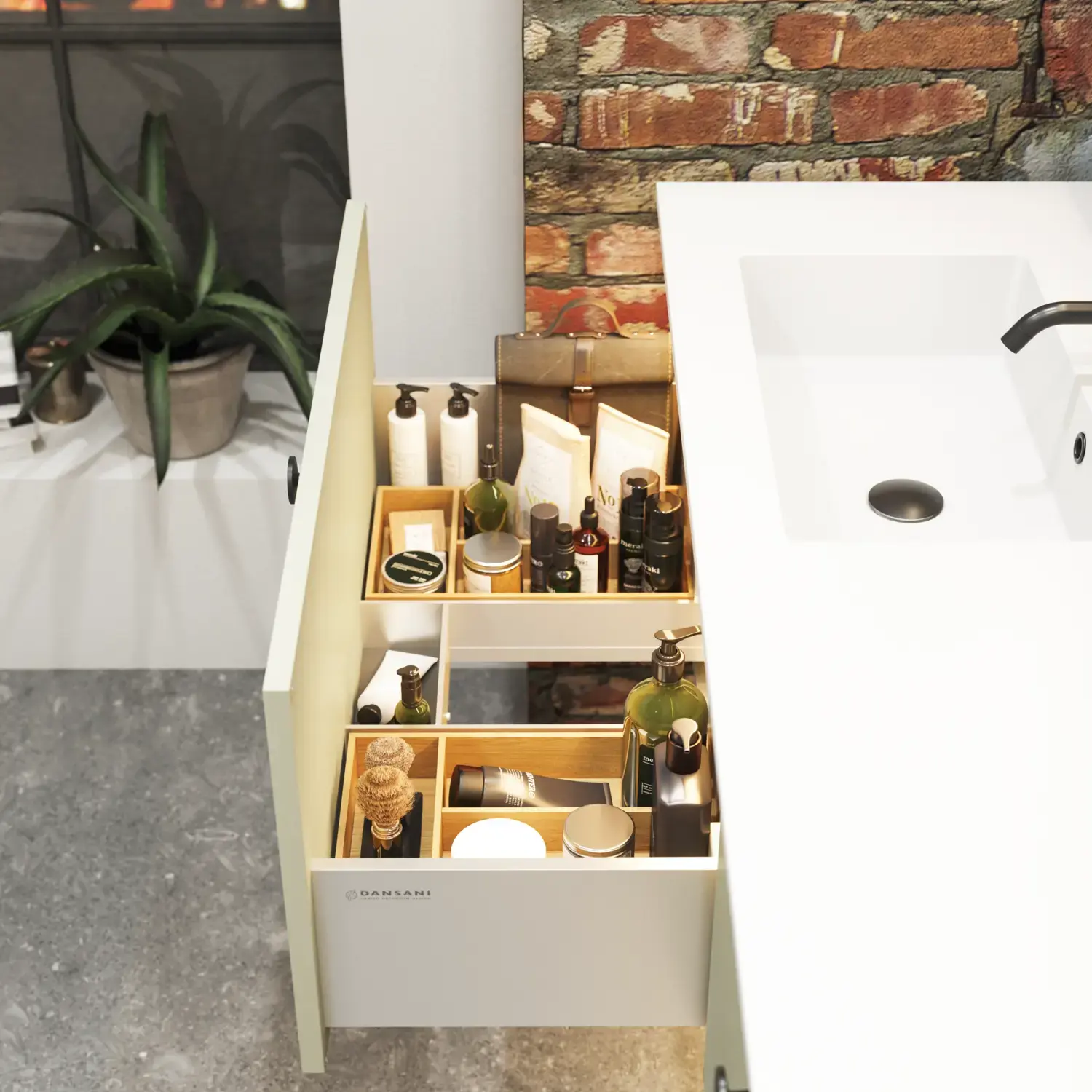 Raw and modern bathroom in an urban style. Beautiful vanity units and black framed round mirrors