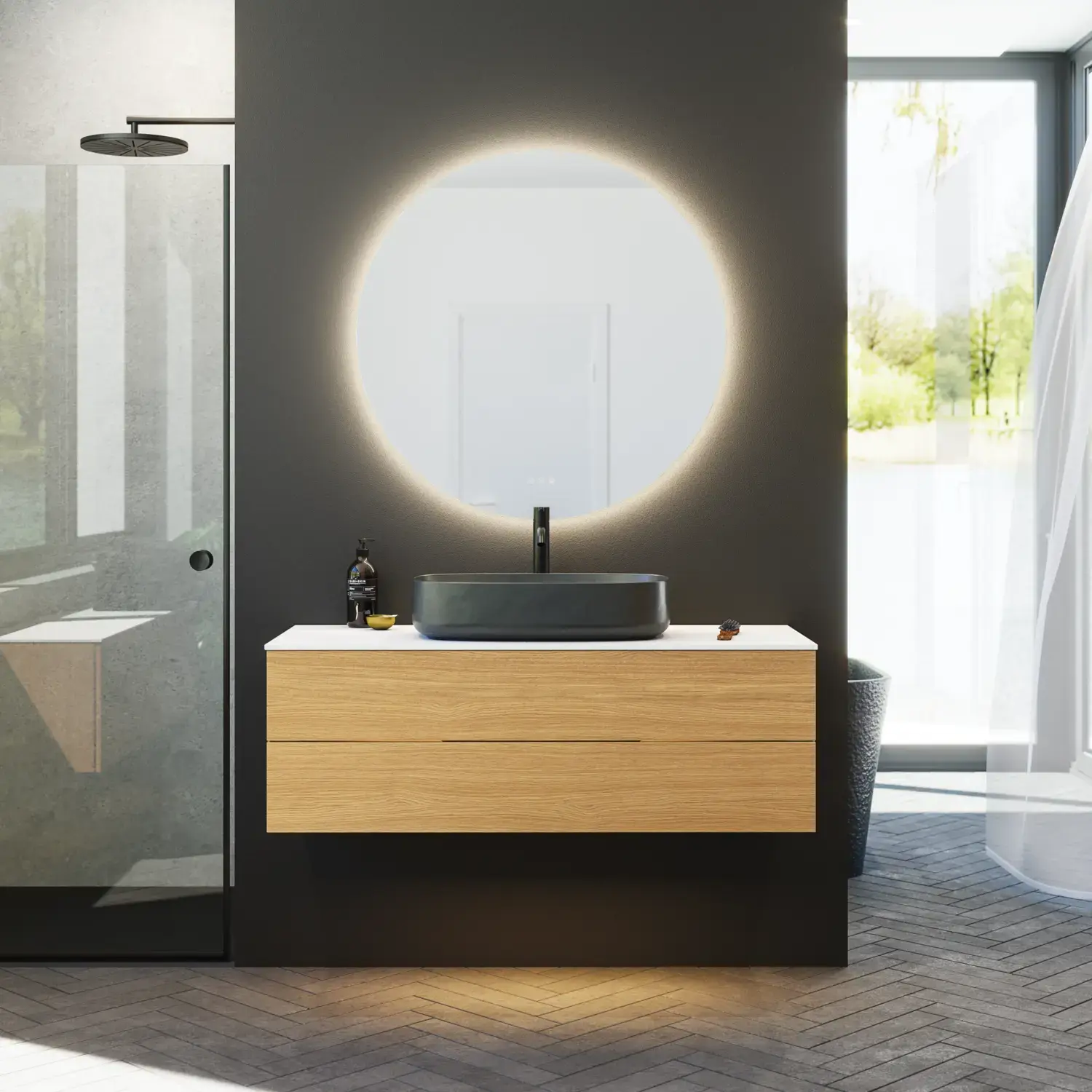 Minimalist and sleek bathroom inspiration with vanity unit, base cabinets, and tall cabinets in golden oak, large round mirror with light control, colored toilet, and countertop sink