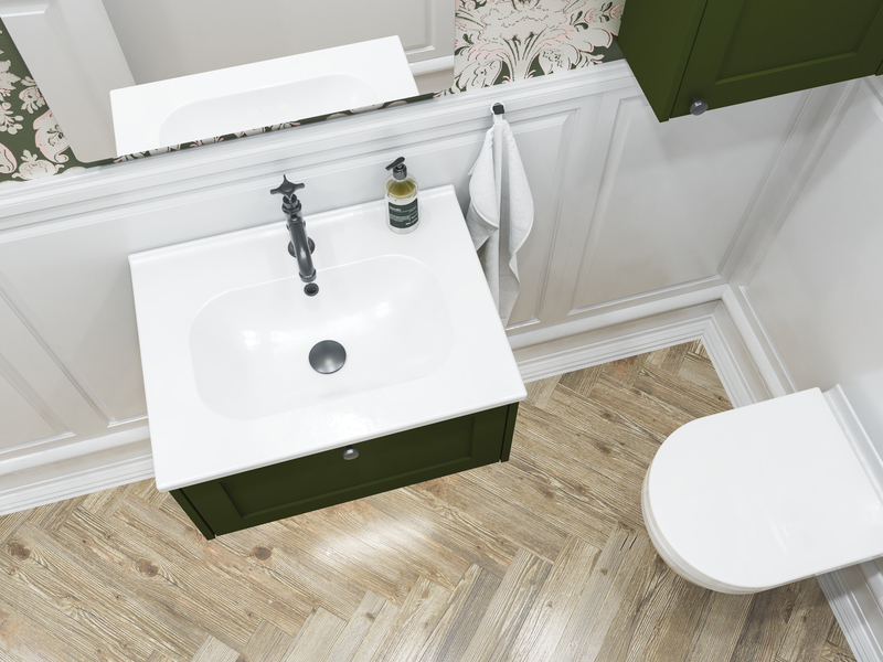 Small bathroom inspiration in a classic style with vanity unit and olive green cabinet, a beautiful square mirror, herringbone floor, and wallpaper provide a luxurious and refined look.