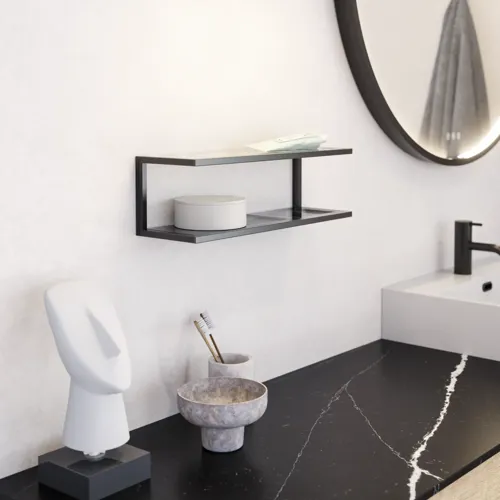 Large urban bathroom inspiration with natural oak furniture, stone countertop with square basin, round mirror with black frame, natural colors, and terracotta floor for an industrial and modern look