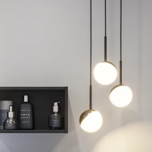 Bathroom inspiration with stylish bathroom accessories, elegant round pendant lights, and minimalist black open modules that put the finishing touch on the bathroom.