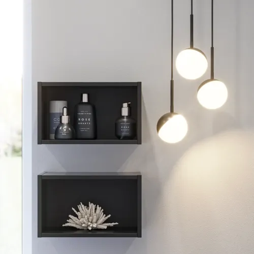 Bathroom inspiration with stylish bathroom accessories, elegant round pendant lights, and minimalist black open modules that put the finishing touch on the bathroom.