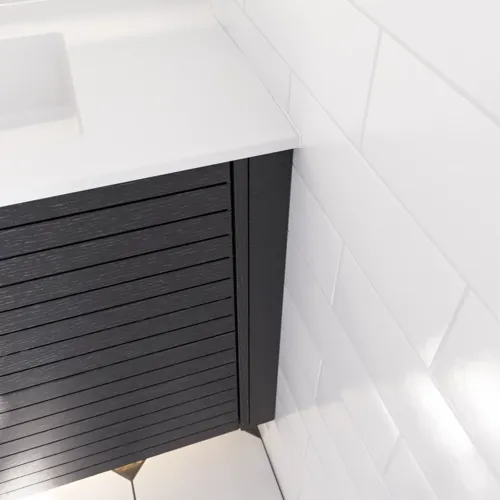 Large bathroom inspiration with noir oak bathroom furniture with elegant grooves, stylish double sink, square mirrors, white tiles with a geometric pattern give a bright, symmetrical, and classic look.