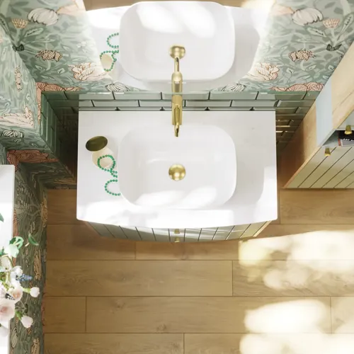 Bathroom inspiration with green special color bathroom furniture with natural oak sides, elegant grooves, stylish countertop with romantic oval countertop sink, beautiful oval mirror, combined with floral wallpaper gives a graceful, vintage retro look.