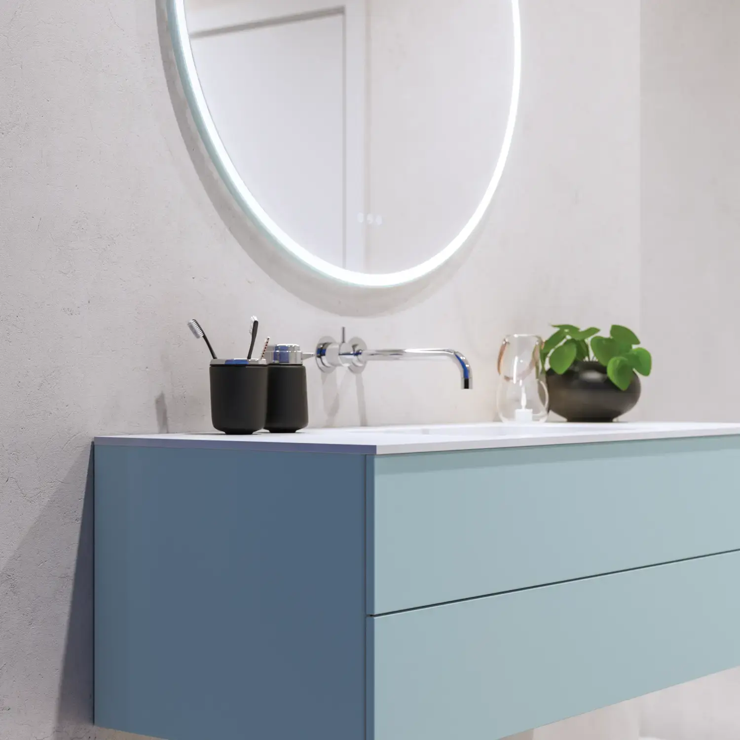 Lovely large bathroom with furniture in light, blue colors oozing with Nordic style
