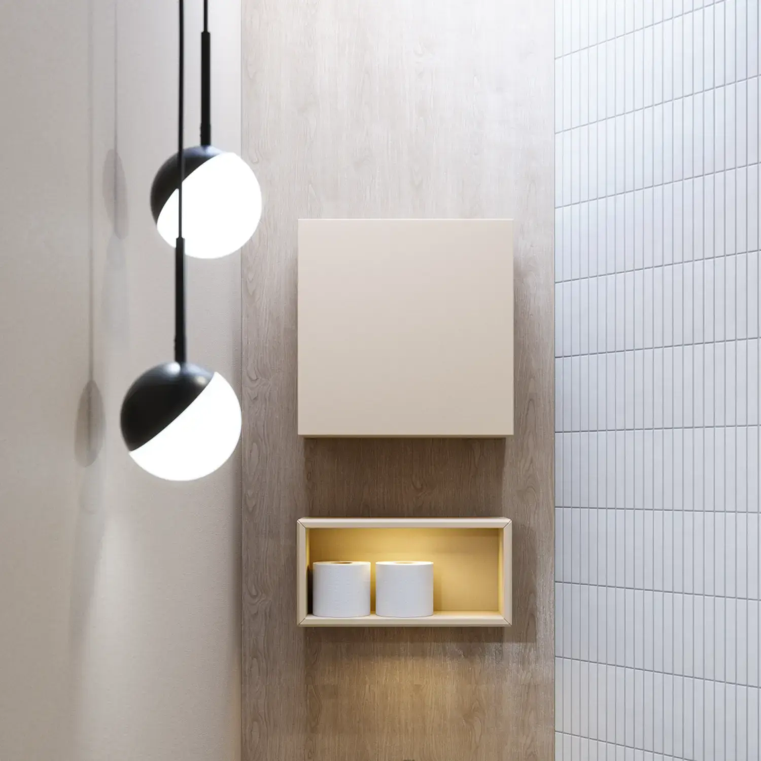 Stylish bathroom inspiration with beige vanity unit with inner drawer, upper cabinet, open shelf, oval mirror with lighting, matching pendants, shelf under the mirror, and wall-mounted toilet. Walls with light, elongated tiles