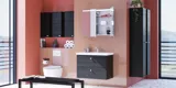 Large bathroom inspiration with bathroom furniture in Black Structure with elegant basins and a beautiful mirror cabinet with integrated lighting, terrazzo floor and red walls and tiles for a modern look.