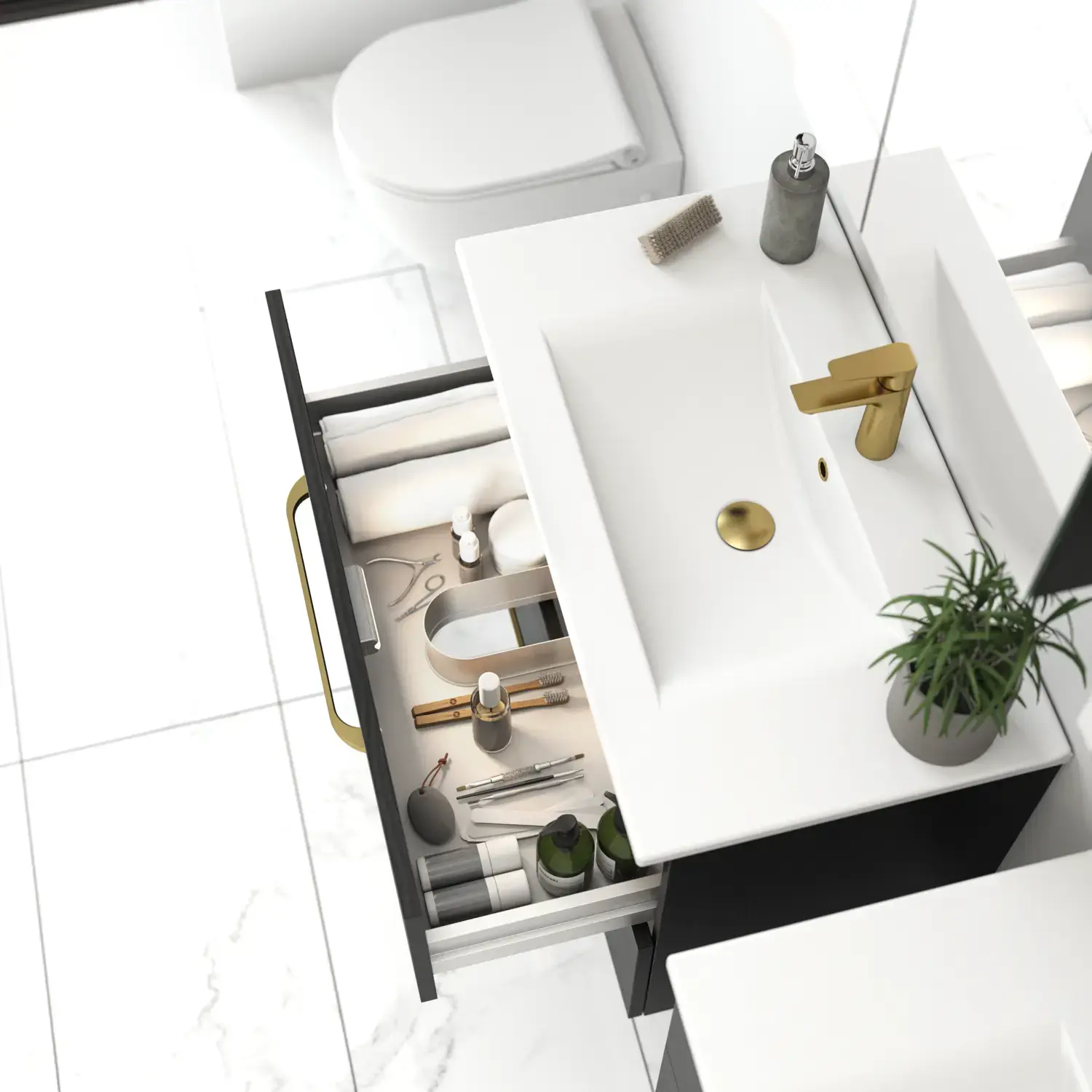 Bathroom inspiration with elegant washbasin and sleek vanity unit drawer with decor, large white tiles for a bright and minimalist look.