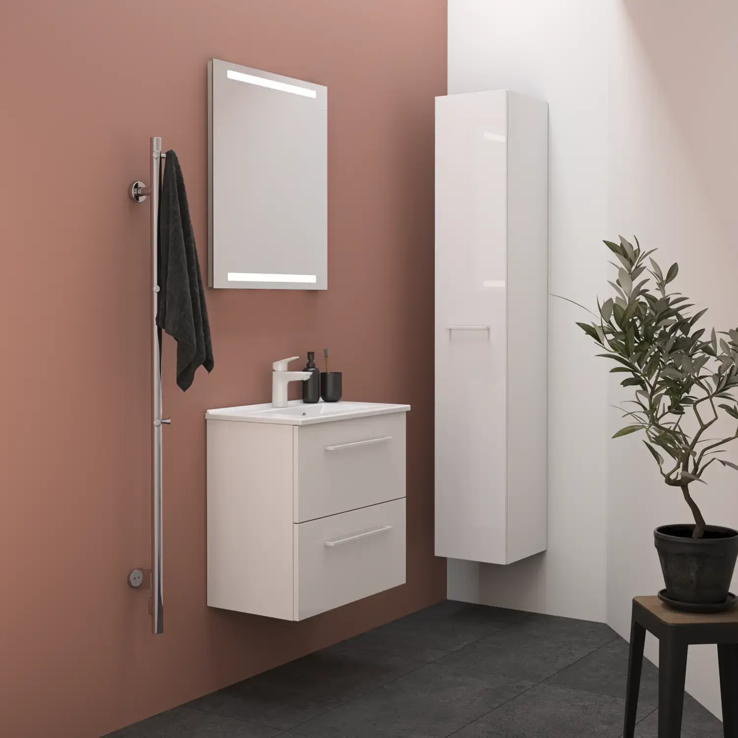 Small bathroom inspiration with white bathroom furniture with white handles, elegant washbasin and beautiful mirror with integrated light, large grey tiles and pink wall for a modern look.