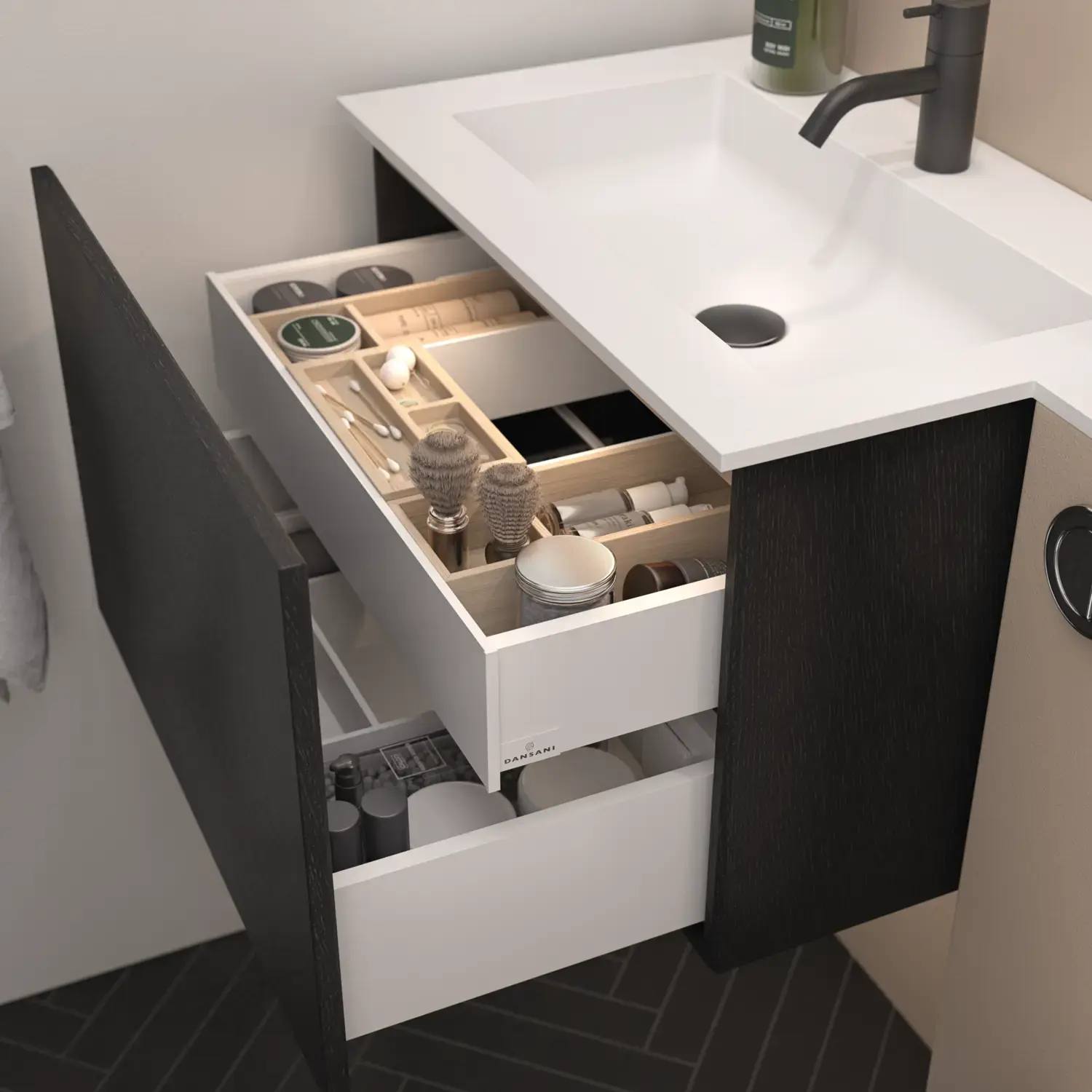 Elegant vanity unit with a practical inner drawer and elegant drawer organizers with stylish wooden trays.