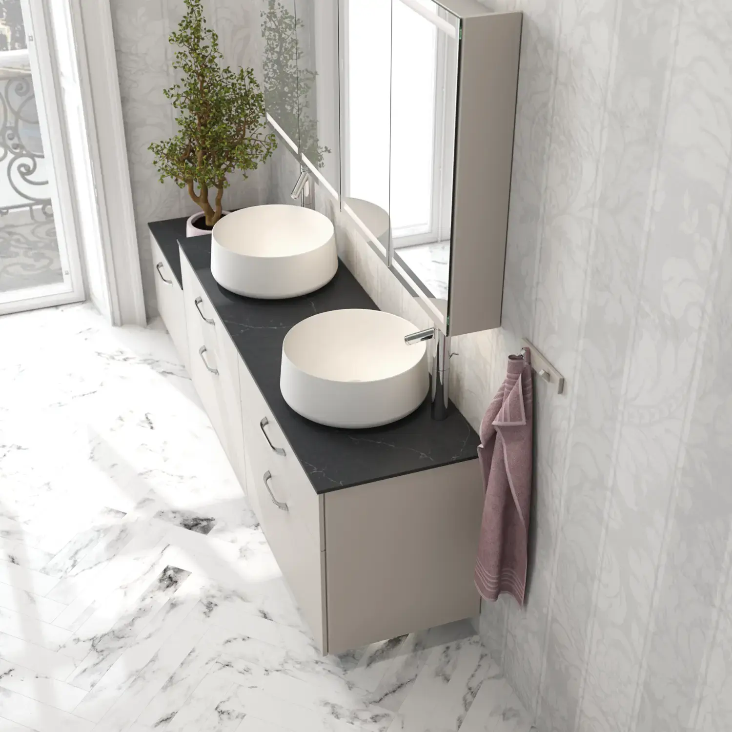 Romantic bathroom inspiration with mirror cabinet offering practical and graceful storage solutions, double countertop sinks on a stone countertop.
