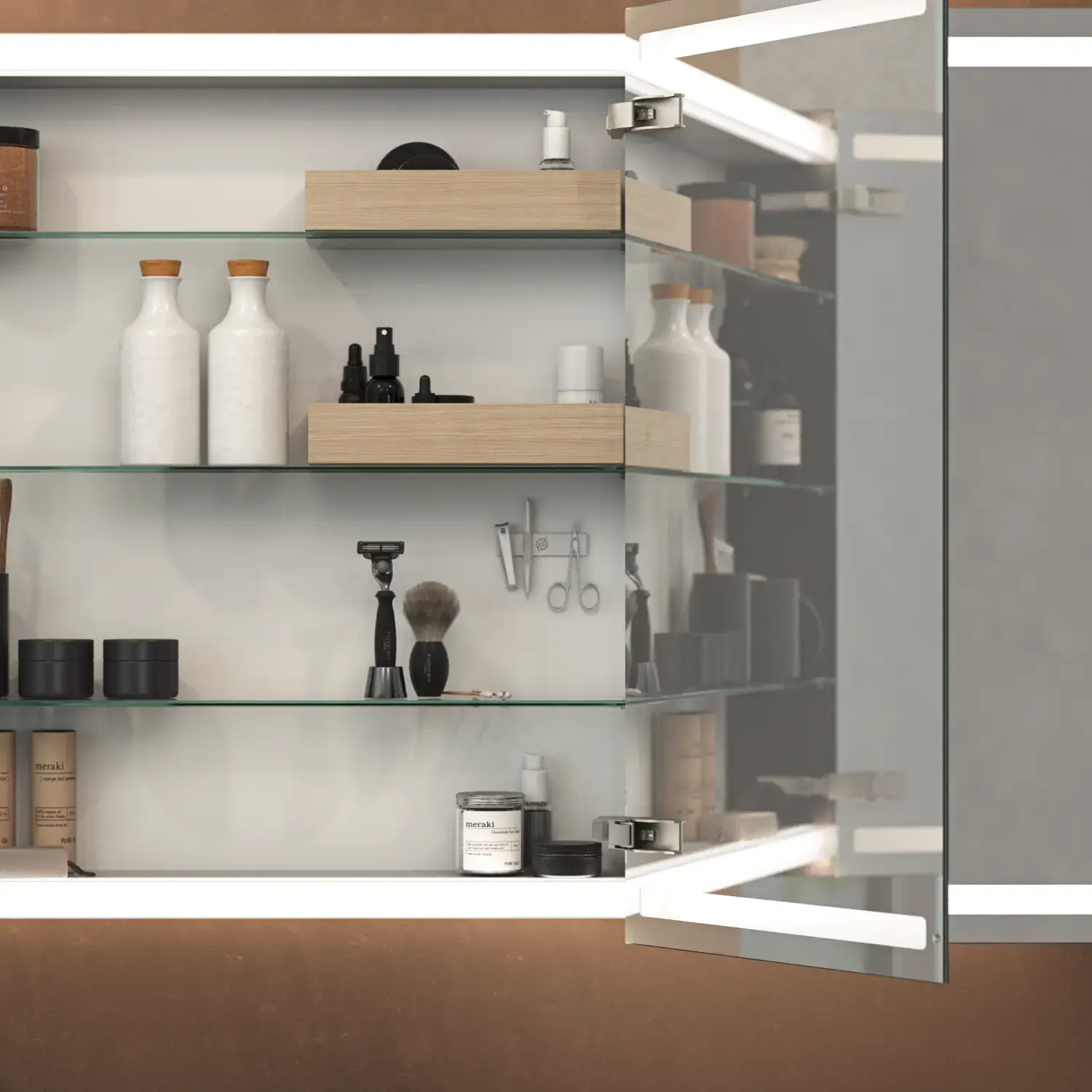 Large, elegant bathroom with dark colors, stylish mirror cabinet with integrated lighting, and luxurious stone countertop.