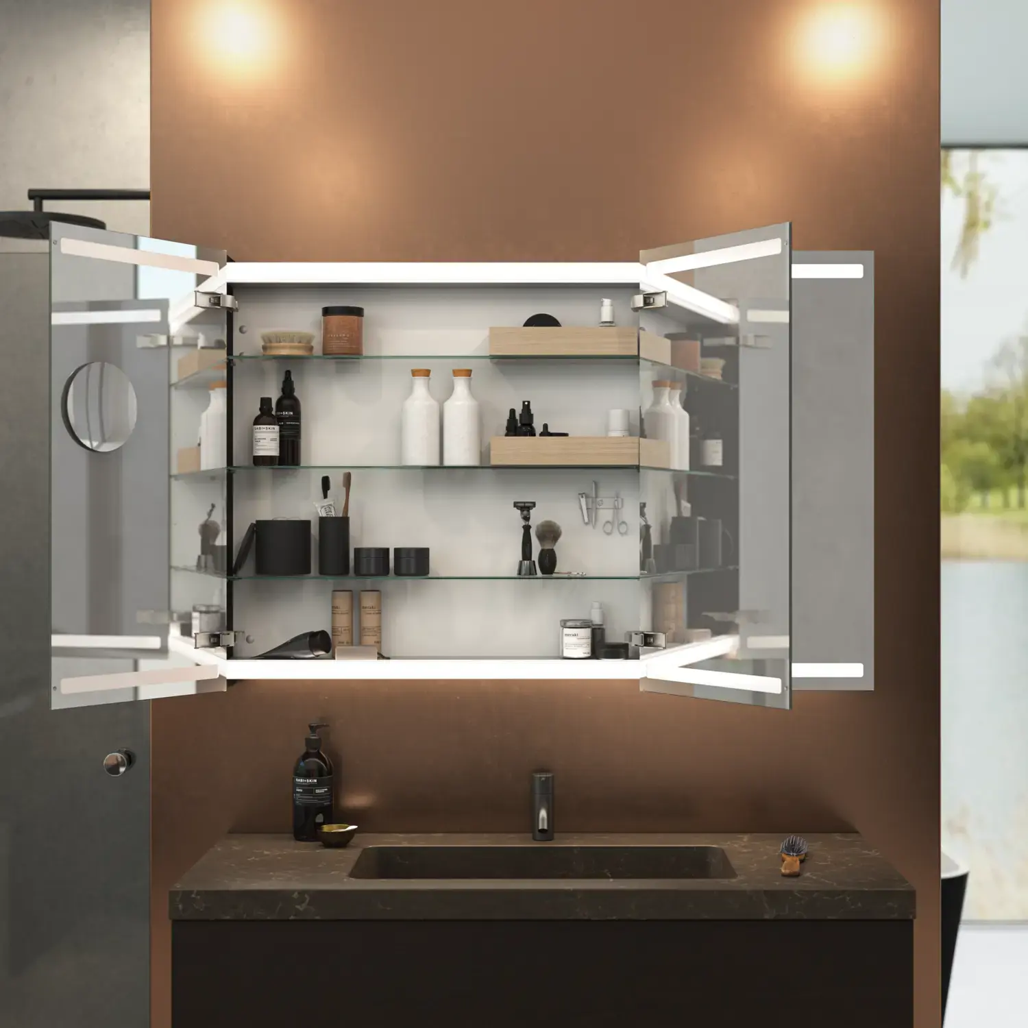 Large, elegant bathroom with dark colors, stylish mirror cabinet with integrated lighting, and luxurious stone countertop.