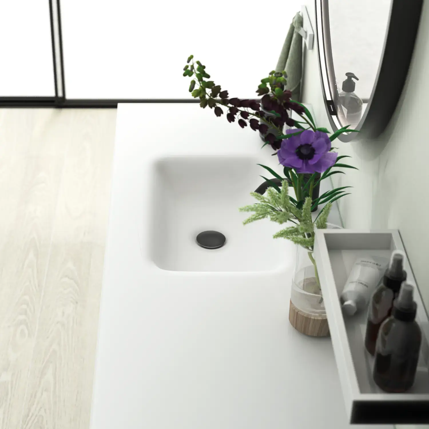 Large and bright bathroom in a minimalist style with soft pastel colours and elegant green hues, stylish round mirror and modern décor.