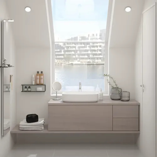 Small bathroom inspiration with custom-made countertop, elegant countertop basin, and square feature mirror, creating a bright and modern space.
