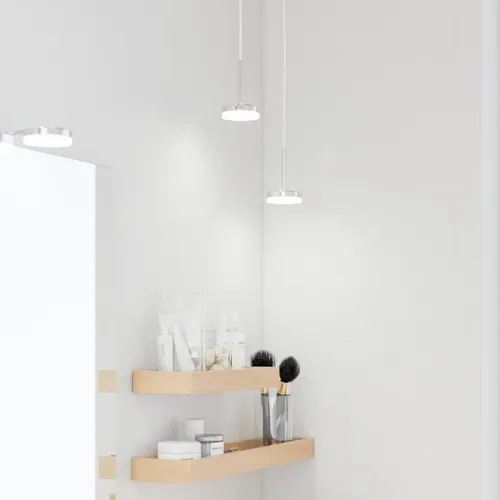 Modern makeup table in Nordic style with light wood, elegant lighting, square mirror, and storage shelves, creating a stylish and functional space.