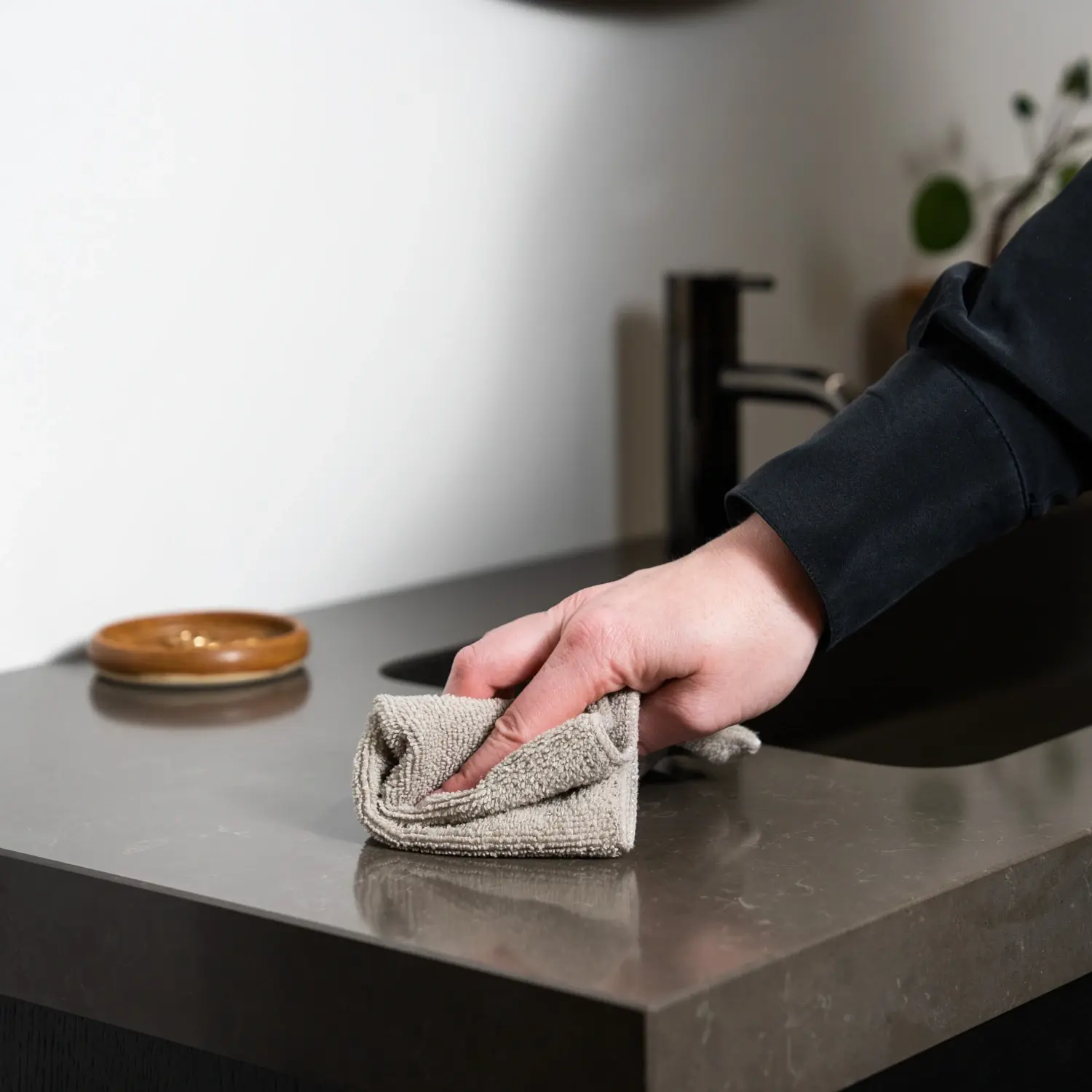 Cleaning and maintenance of bathroom furniture: A person gently wipes a dark bathroom countertop with a beige microfiber cloth to remove dirt and water splashes.
