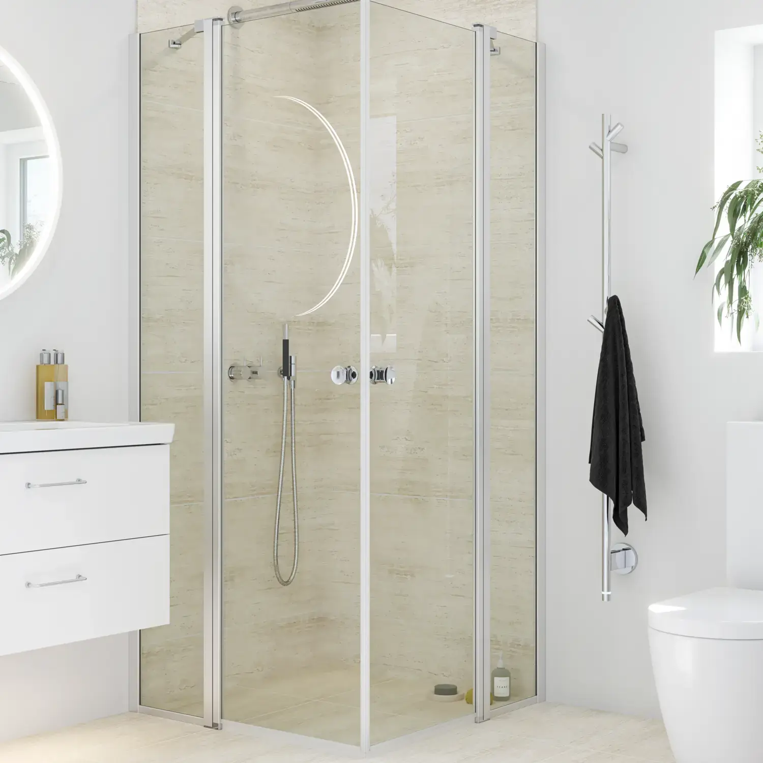 Bathroom inspiration with white bathroom furniture and shower screen with fixed shower walls with swing doors in clear glass and profiles in satin, elegant electric towel dryer, which with white walls and light floors gives a bright and modern look.