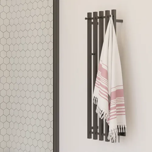 Large bathroom inspiration with white bathroom furniture, square mirror, and shower screen with swing doors with clear glass and profiles in matt black, as well as an elegant electric heated towel rail.