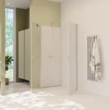 Large bathroom inspiration with green bathroom furniture, square mirror, and shower enclosure with swing doors with clear glass and profiles in satin, as well as an elegant electric heated towel rail.