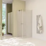 Large bathroom inspiration with green bathroom furniture, square mirror, and shower enclosure with swing doors with clear glass and profiles in satin, as well as an elegant electric heated towel rail.