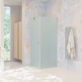 Large bathroom inspiration with bathroom furniture in light wood, square mirror, and shower screen with hinged doors with ice glass and profiles in satin and elegant electric heated towel rail.